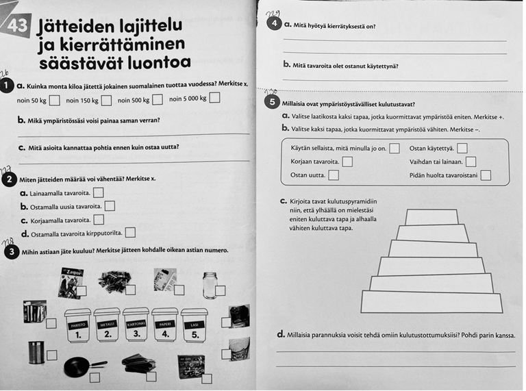 Kuvassa on harjoituskirjan aukeama jätteiden lajittelusta ja kierrättämisestä.