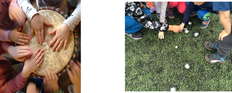 Kuvituskuvassa on kaksi kuvaa, joista toisessa on lasten käsiä rummun päällä ja toisessa lapsia pelaamassa pentankkia