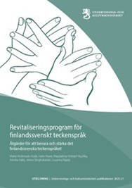 Revitaliseringsprogrammets pärmbild. På pärmbilden finns en ritad illustration av tecknen för språk och rättighet. Under illustrationen står namn och författare. Pärmbilden är grön och vit