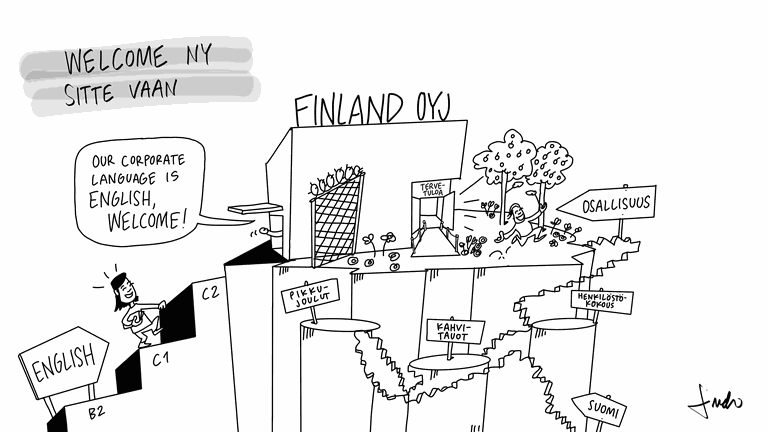 Oikealta kulkevat vankat englannin kielen portaat kohti työpaikkaa. Vasemmalta kulkevat rikkinäiset suomen kielen portaat työpaikkaan. Suomen kielen portaiden tasanteilla ovat kahvitauot, pikkujoulut ja henkilöstökokous.