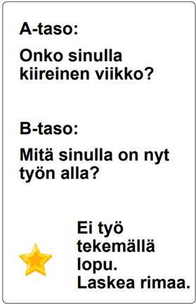 Jutellaan työstä -teemaisen keskustelukortin molemmat puolet. Toisella puolella lukee teema, eli ”Jutellaan työstä”, ja siihen sopivia sanastoesimerkkejä. Sanastoesimerkit ovat “työmatka”, “lähi-/etätyö”, “kokous”, “palaveri” ja “ammatinvalinta”. Kortin toisella puolella on kahdentasoisia keskustelukysymyksiä (A- ja B-taso). A-tason kysymys tiedustelee, että “Onko sinulla kiireinen viikko?”. B-tason kysymys kuuluu “Mitä sinulla on nyt työn alla?”.  Samalta puolelta löytyy lisäksi kaksi aiheeseen liittyvää fraasia: “ei työ tekemällä lopu” ja “laskea rimaa”.