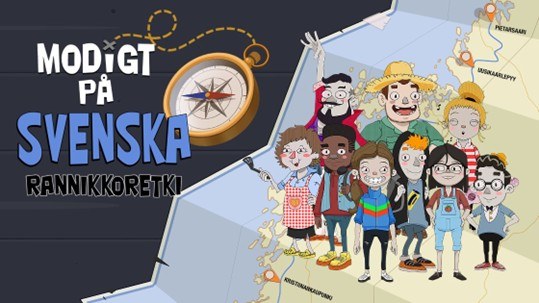Rannikkoretki-tarinan aloitussivulla on Modigt på svenska! -tekstin lisäksi tarinan nimi sekä piirroshahmoja pelistä. Taustalla näkyy piirrettyä karttaa Suomen länsirannikosta.