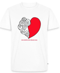 Winner of the EDL t-shirt design contest 2026. The winning design of the EDL t-shirt contest of 2026. The design represents a heart, half of which is curly, representing the brain; the other half resembles the face. Under the logo is the text "The European Day of Languages 2026" in Greenlandic.